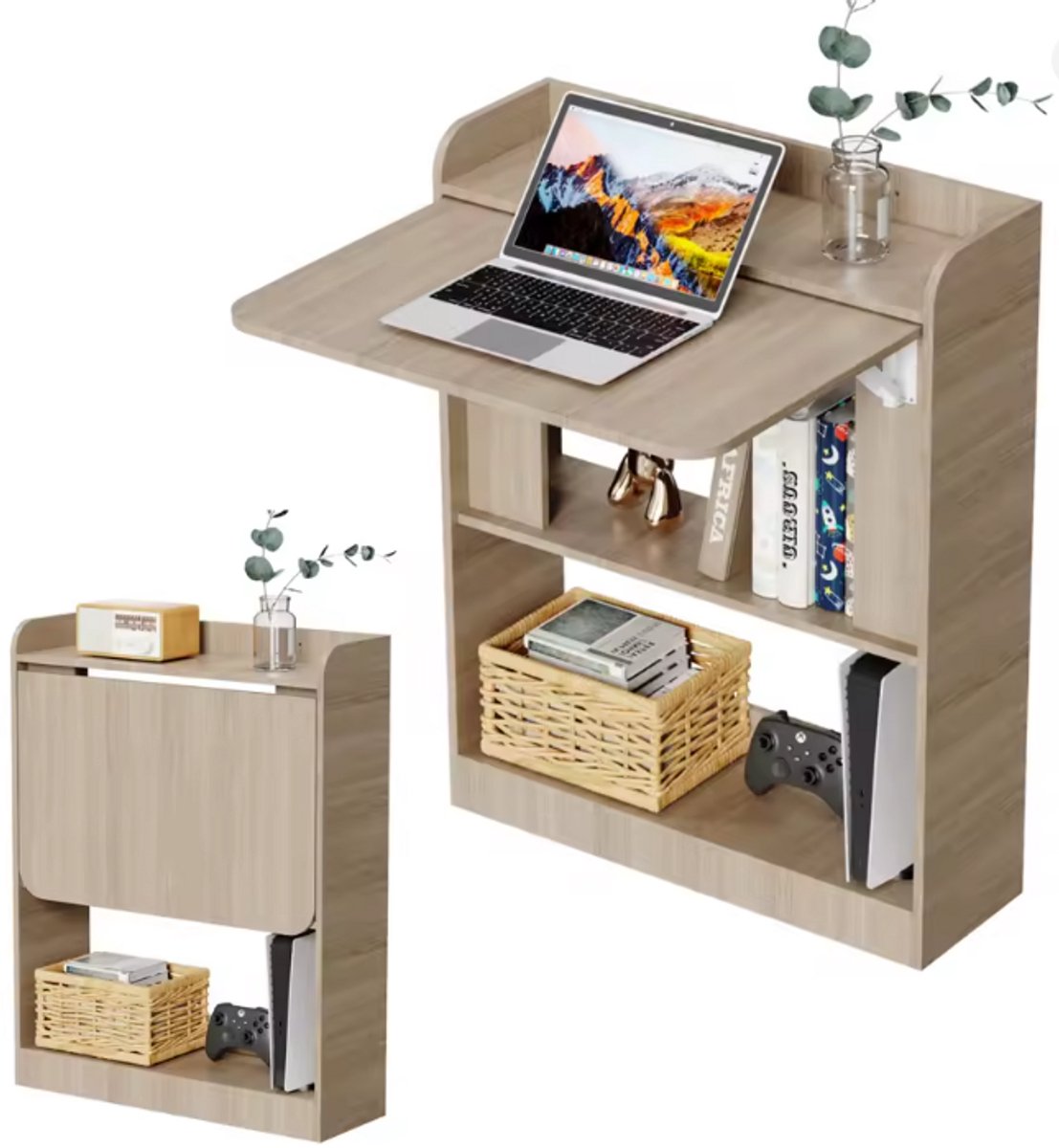 HEMO Inklapbaar Wandbureau met Opbergruimte – Opklapbaar Bureau & Kast – Ruimtebesparend Computerbureau – Licht Hout