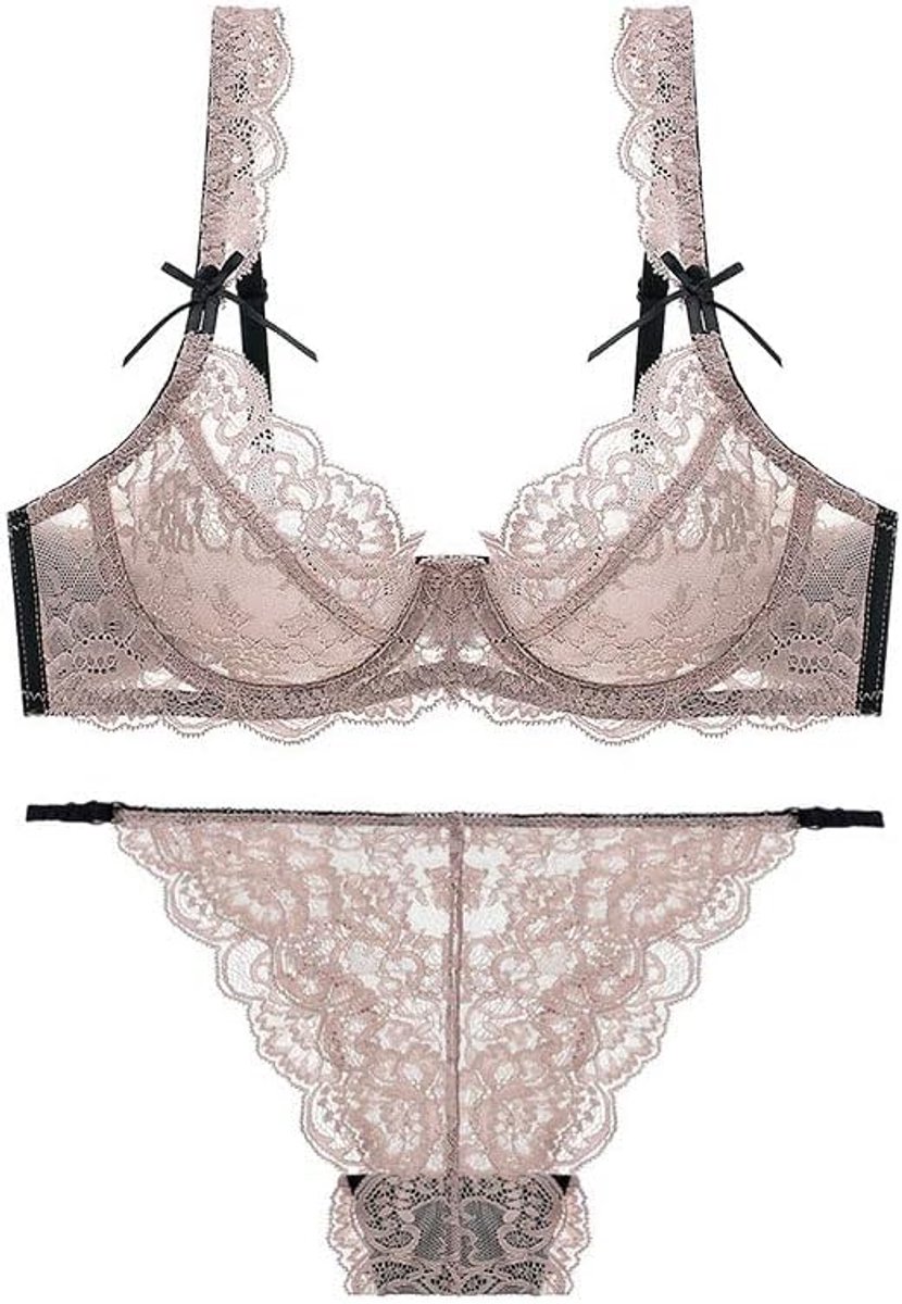 Sexy BH En Panty Set Transparante Dunne Kant Holle Brassiere, Brown, 95B