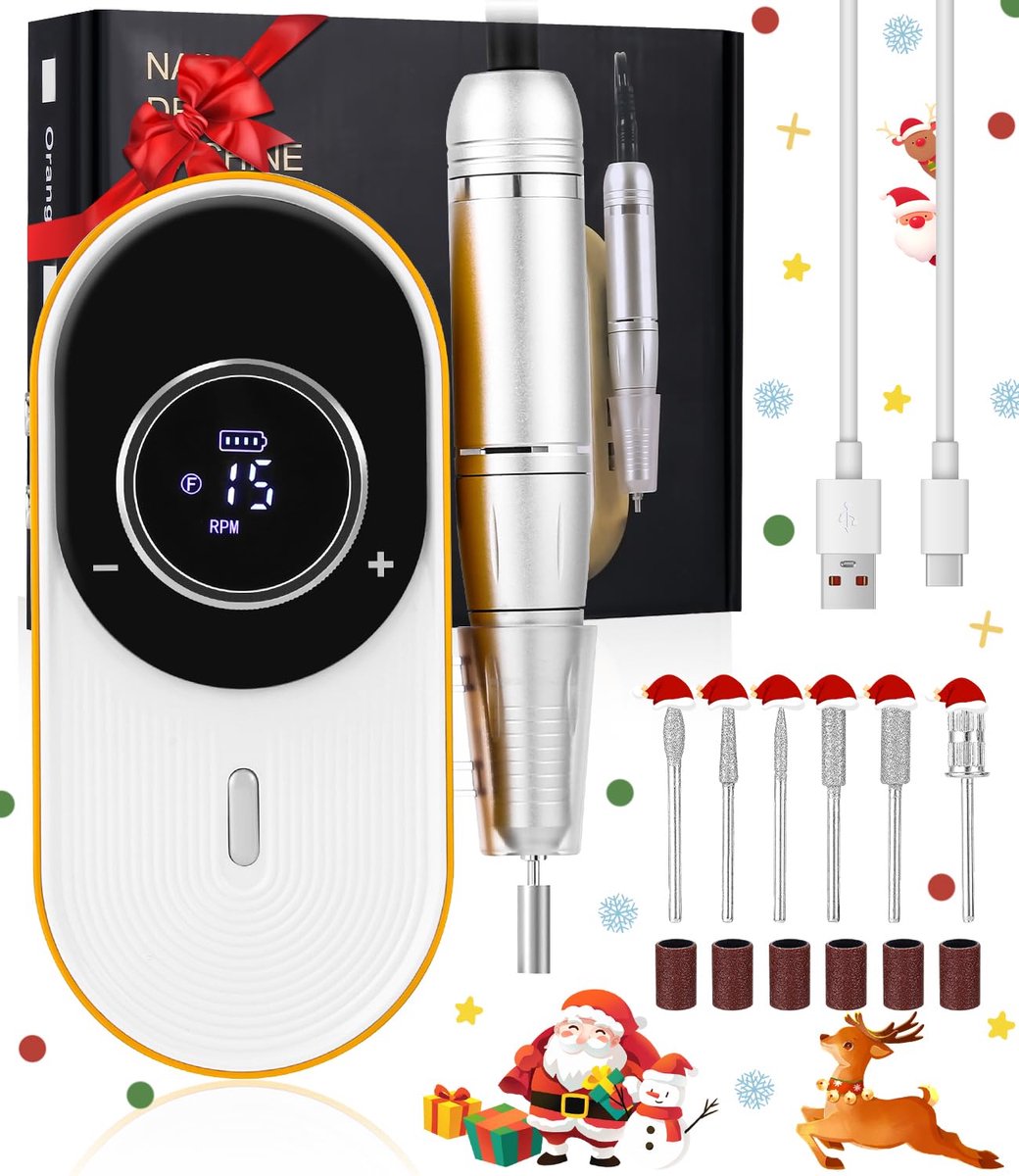 Manicure-pedicure-set Draadloze, draagbare manicureset, elektrische manicure met oplaadstation Nagelapparaat met LCD-display, 6 opzetstukken + slijphulzen, 45.000 tpm, links-/rechtsdraaiend, USB-C-accu, manicure & pedicure voor thuis & in de salon