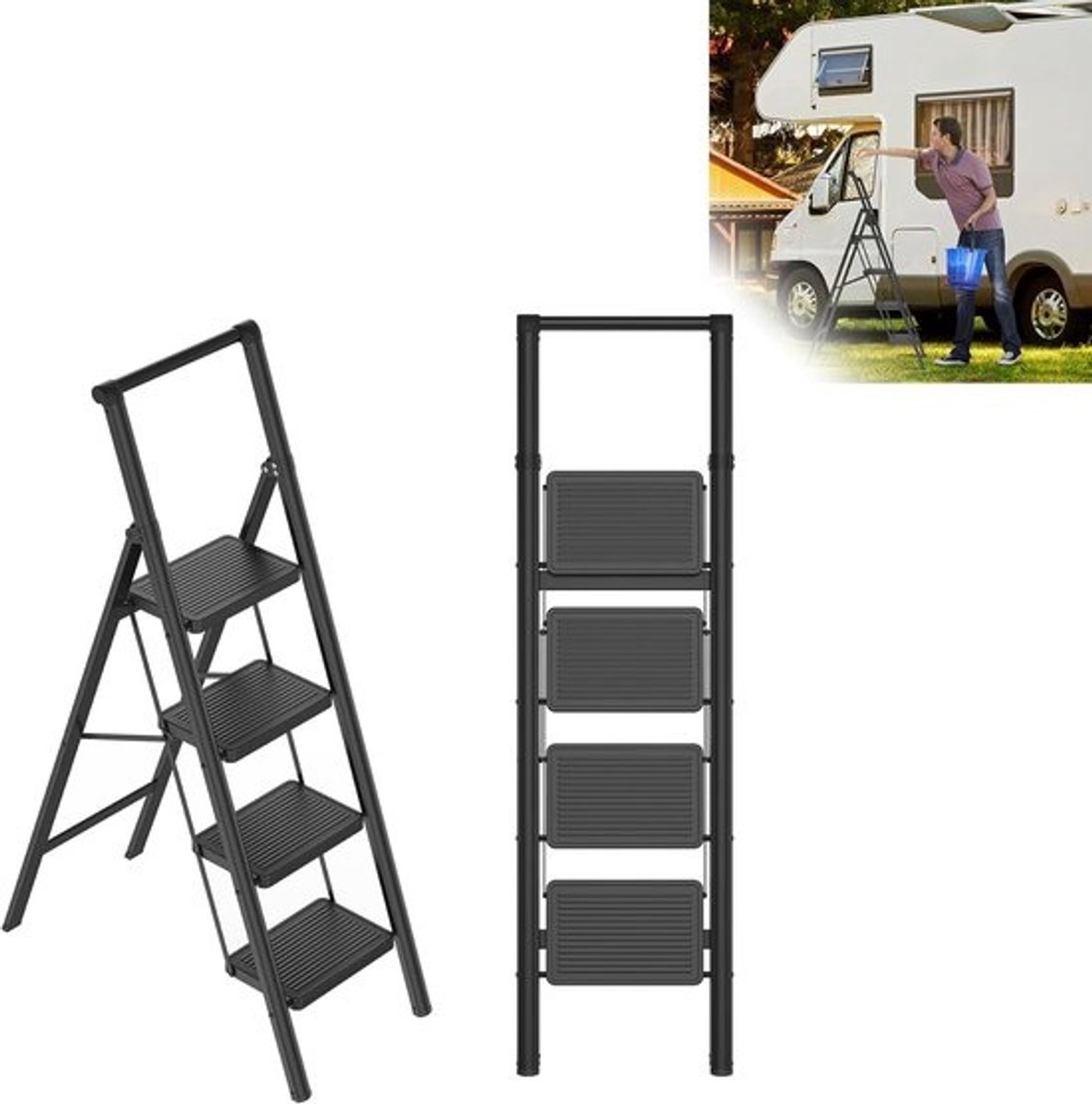 Trapladder 4 treden - Vouwbare opstapkruk - Huishoudelijk werk - Met brede leuning - Tot 270 kg - Metaal