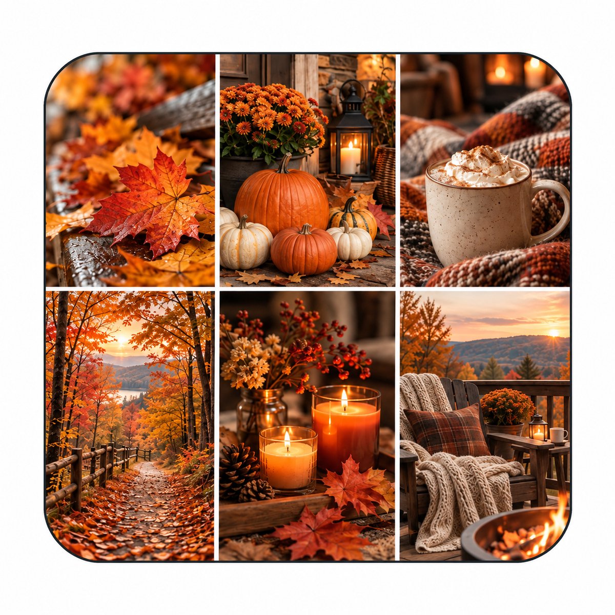 Herfst MDF onderzetter 10 x 10 cm – Pompoenen, Herfstbladeren, Koffie en Kaarsen