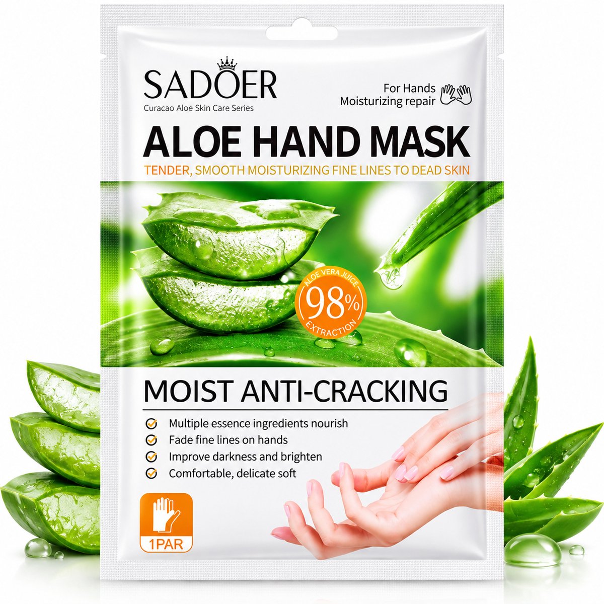 SADOER Aloë Vera Handmasker 1 Paar 35 g | Handmasker Peeling | Hand Peeling Sokken | 98% Aloë Vera | Droge Handen | Ruwe Huid | Handverzorging | Manicure Masker | Exfoliërend Handmasker | Hydraterend | Zachte Handen | Huidverzorging