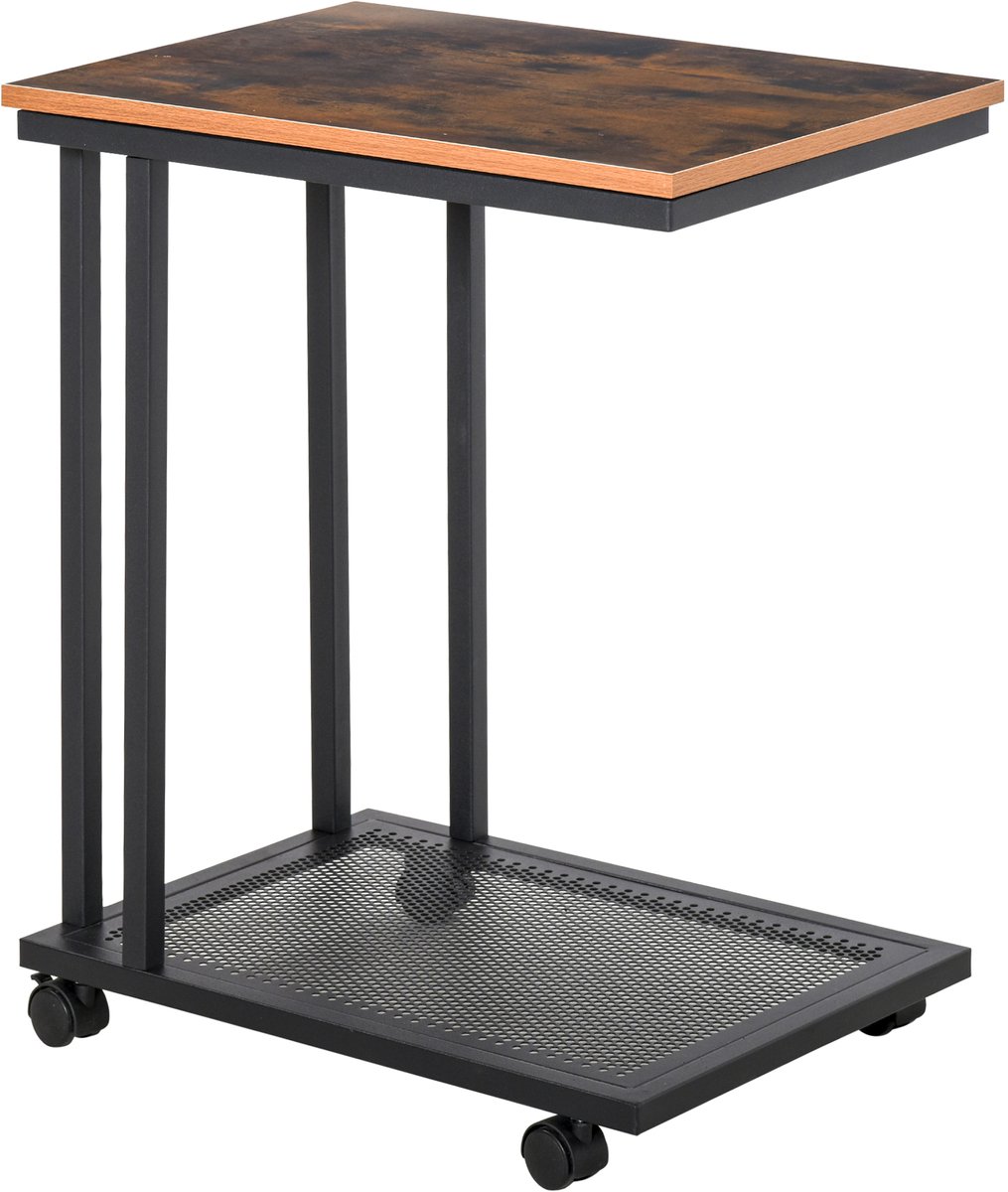 Homona Bijzettafel in C-vorm - Met wielen en opbergplank - 51 x 36 x 65 cm - Zwart en walnoothout