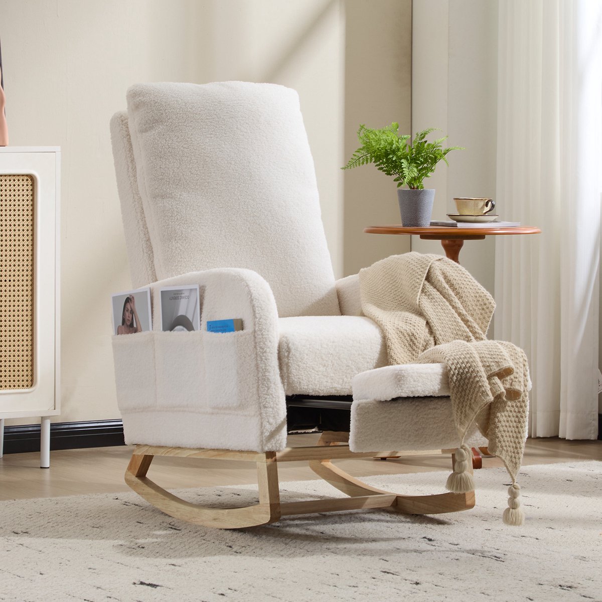 Fauteuil - Comfortabele Relaxstoel en Schommelstoel met 3 Standen Verstelbare Rugleuning, Uitschuifbare Voetensteun en Zachte Teddybekleding