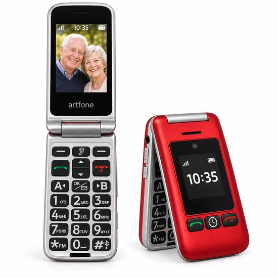 Zilverkleurige openklapbare telefoon met foto van ouder echtpaar op scherm, naast een rode gesloten telefoon.