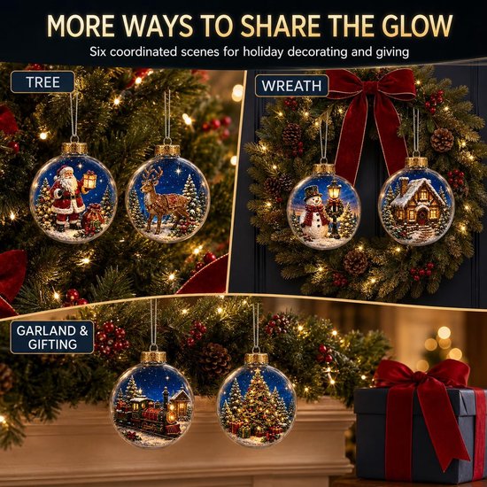 Decoraties met kerstballen: Kerstman, Rendier, Sneeuwpop, Huisje, Trein en Kerstboom, opgehangen aan een kerstboom en krans.