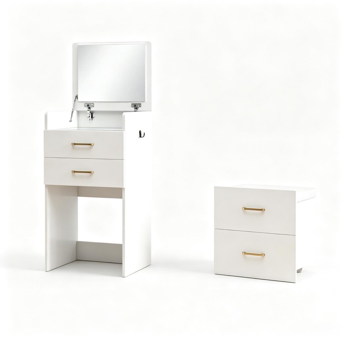 Kaptafel Met Spiegel En Kruk - Make-uptafel Met Drie Laden - Transparant Glazen Blad - Voor Slaapkamer Of Kleine Kamer - Wit MDF