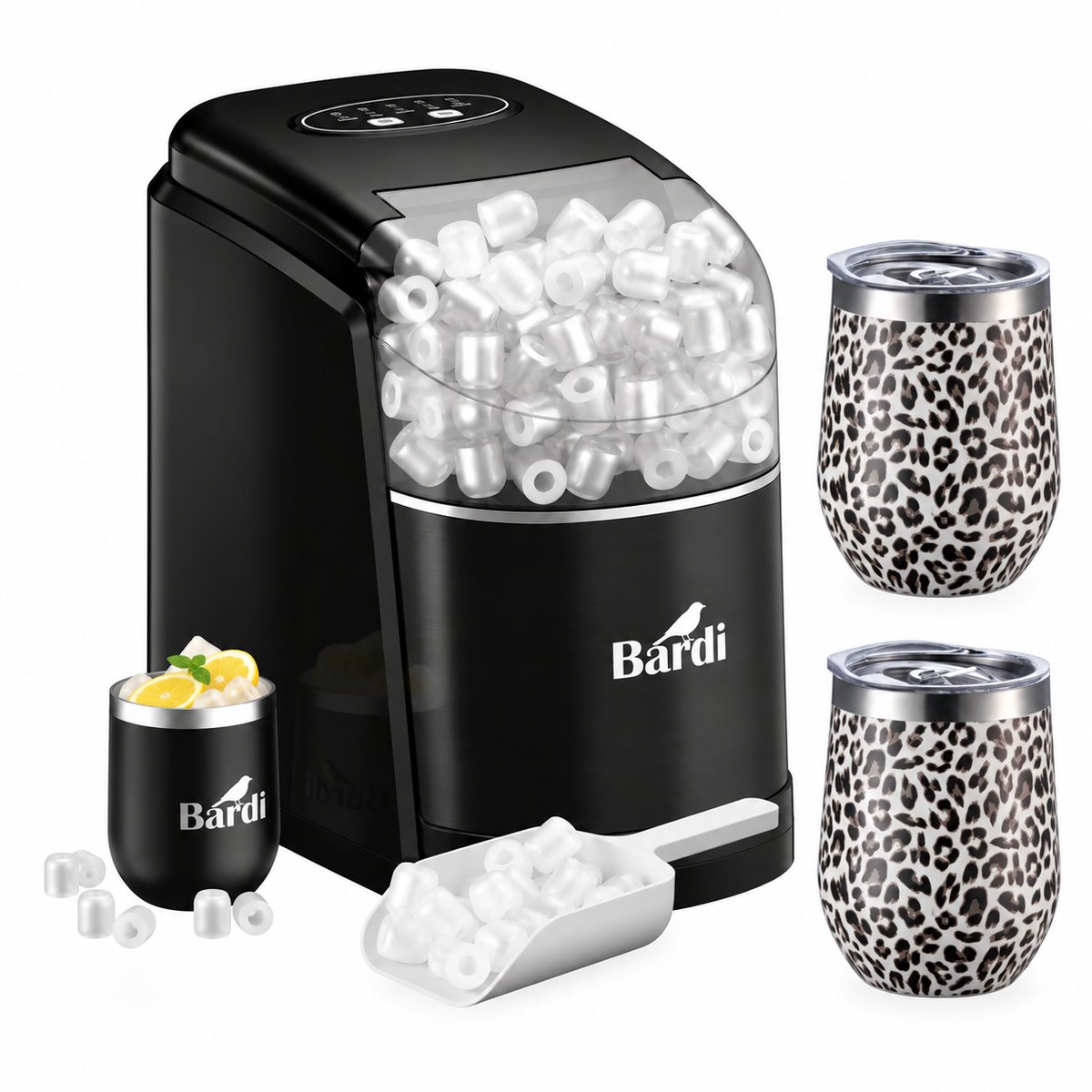 Bardi IJsblokjesmachine Set - 1.6L Zwart - Zelfreinigingsfunctie - IJsblokmaker met IJsschep -met IJsschep - Inclusief Luxe 3 Thermosbekers en Ijsschep- Leo