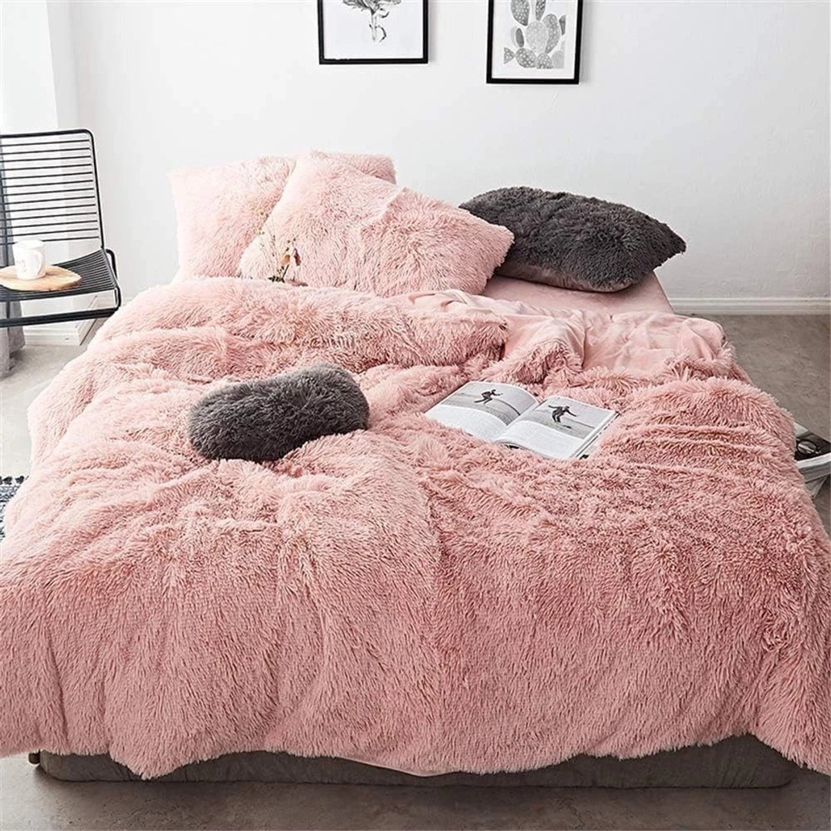 LUCKICE Beddengoedset Pluche Beddengoed 200x200cm Extra Zachte Kunstbont Flanellen Dekbedovertrek met Kussensloop 80x80cm en Ritssluiting