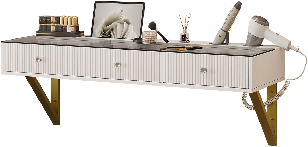 Kaptafel - Witte Make-uptafel Met 3 Lades En Glazen Blad - Hangend Ontwerp Voor Slaapkamer - 120 x 40 x 45 cm Van MDF En Spaanplaat