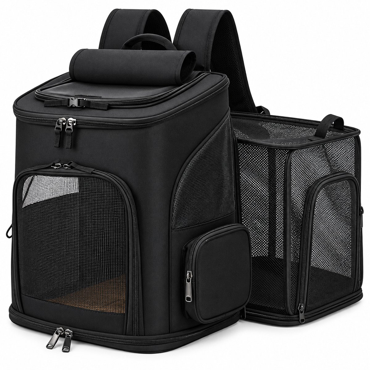 Dierenrugzak voor Kat & Kleine Hond – Uitklapbare Kattenrugzak – Reistas tot 10 kg – Ademend Mesh – 33 x 26 x 40 cm – Transporttas voor Katten en Honden – Zwar