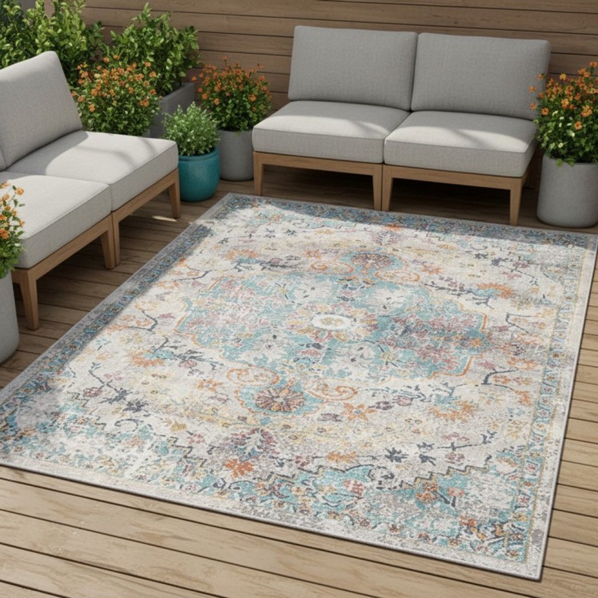 TapisTrend Designer tapijt Multicolor 200x290 cm Vintage oosters veelkleurig binnen-/buitenkleed met bloemenmedaillon voor woonkamer en terras