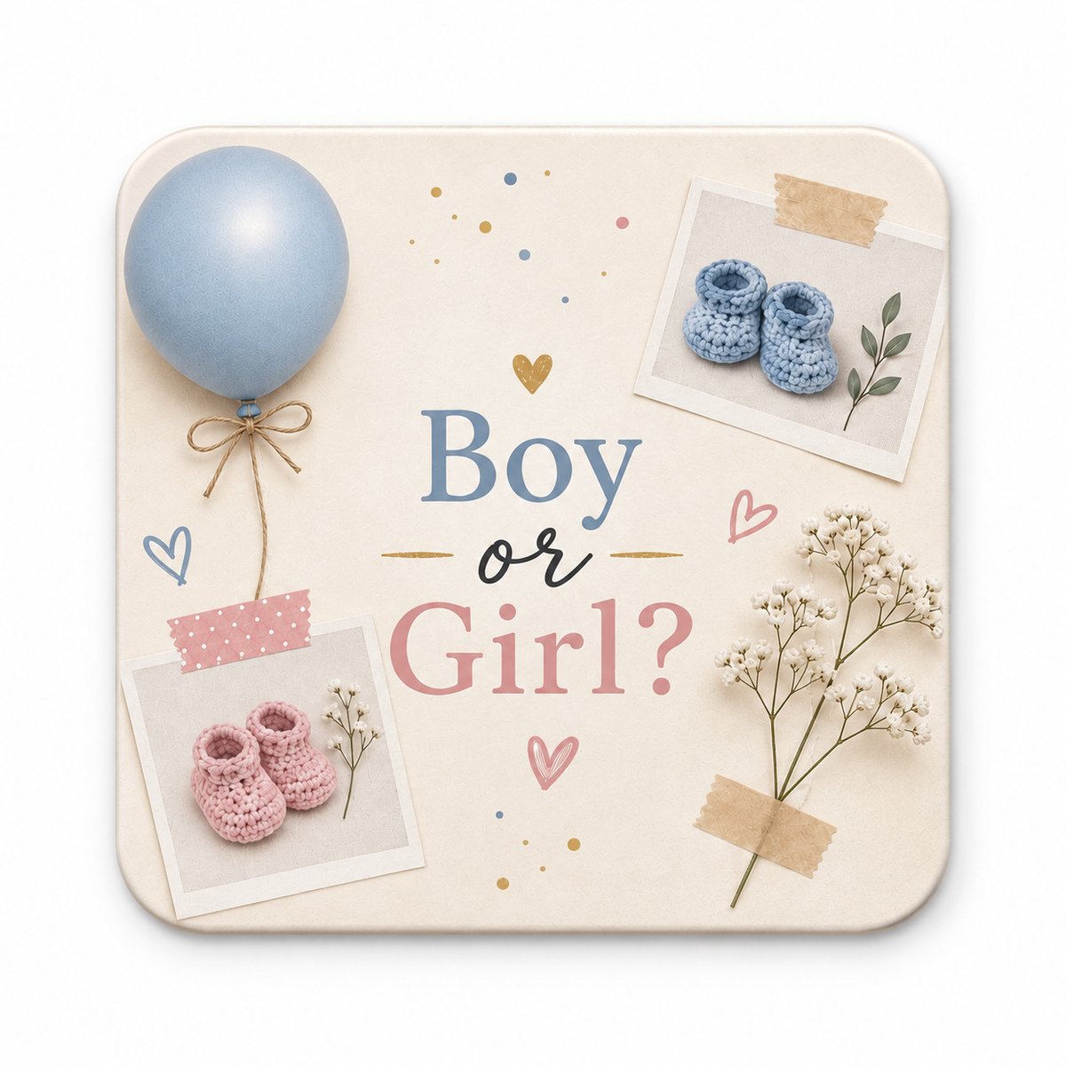 Boy or Girl? MDF onderzetter 10x10cm Design – Gender Reveal – Babyshower – Roze & Blauw – Bedrukte Onderzetter