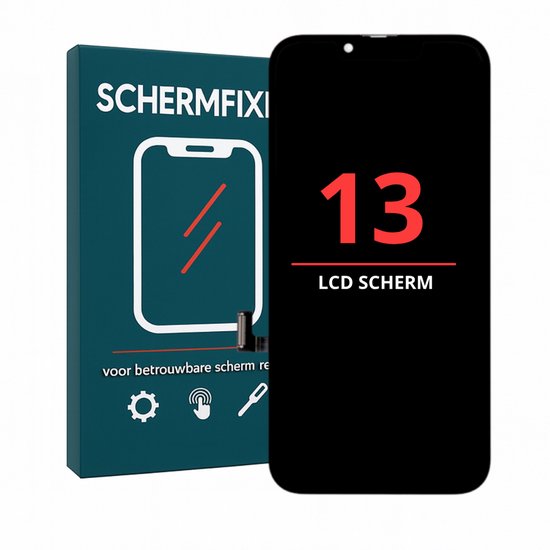Doos van Schermfixen met een afbeelding van een telefoon, naast een zwart iPhone 13 LCD scherm met rode '13' en 'LCD SCHERM'.
