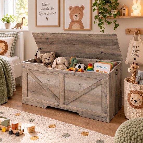 Signature Home Speelgoedkist – Grote Opbergkist met Deksel – Houten Speelgoed Opbergkist – Opbergbox voor Speelgoed & Dekens – 100 x 40 x 50,5 cm – Grijs — afbeelding 4