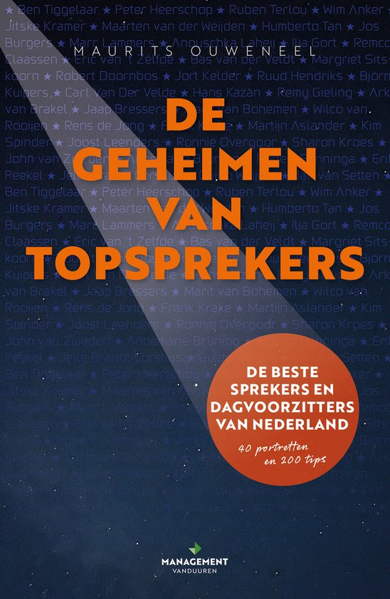 Boekomslag met oranje tekst 'De geheimen van topsprekers' op een donkere achtergrond, met de ondertitel 'De beste sprekers en dagvoorzitters van Nederland'.