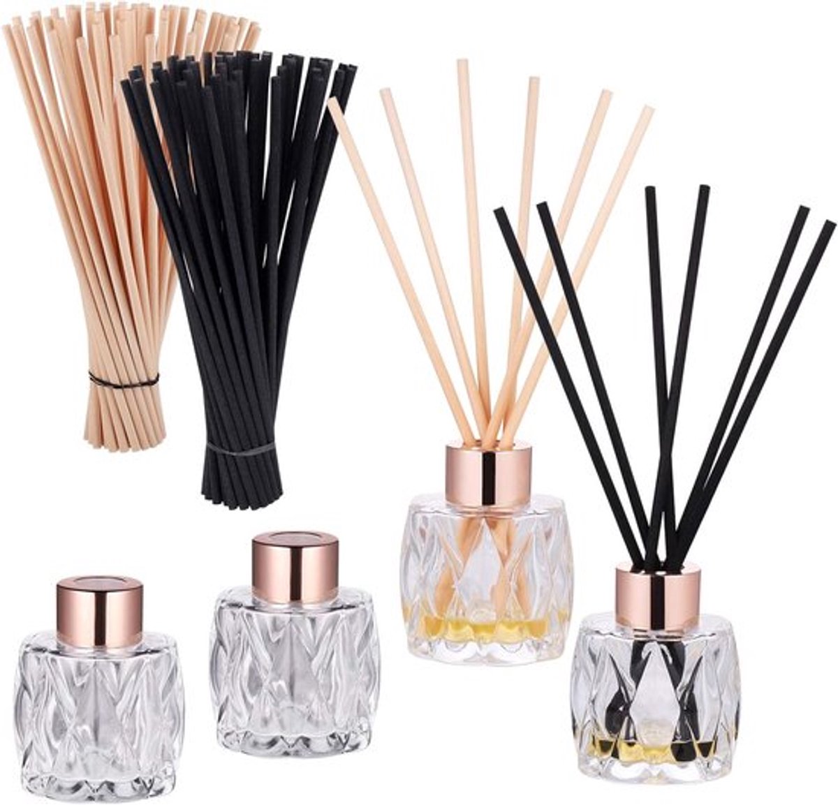Rietdiffuser Set 4 Flessen - 100 Rietstokjes - Glas Met Gouden Deksel