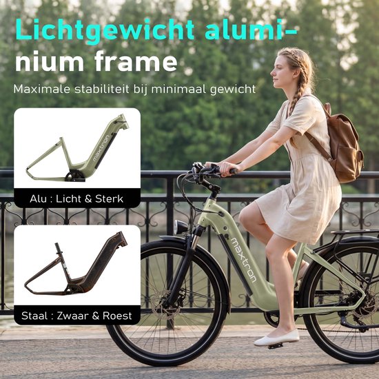 Maxtron Marathon Elektrische Fiets - Extra Lange Actieradius tot 160 km - Krachtige 810Wh Accu - 27.5 Inch Banden - Schijfremmen - Max. Belasting 120 kg - Geschikt voor 160–200 cm - Elektrische Stadsfiets - Groen — afbeelding 4