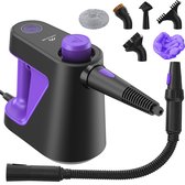 Zwarte en paarse Motionflow handstoomreiniger met 11 meegeleverde opzetstukken zoals borstels en een microvezeldoek.