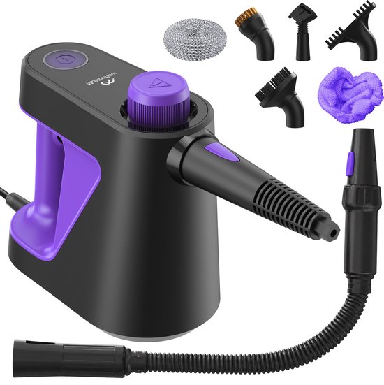 Zwarte en paarse Motionflow handstoomreiniger met 11 meegeleverde opzetstukken zoals borstels en een microvezeldoek.