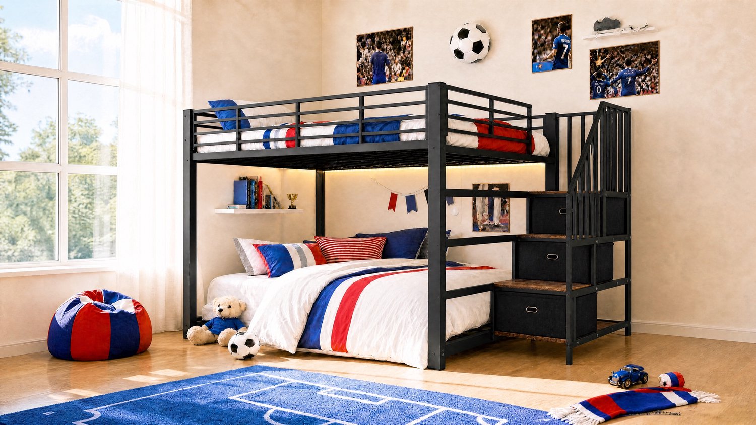 WUVRIE Metalen stapelbed 140x200 cm - Trap met opbergladen, LED en USB - Zwart