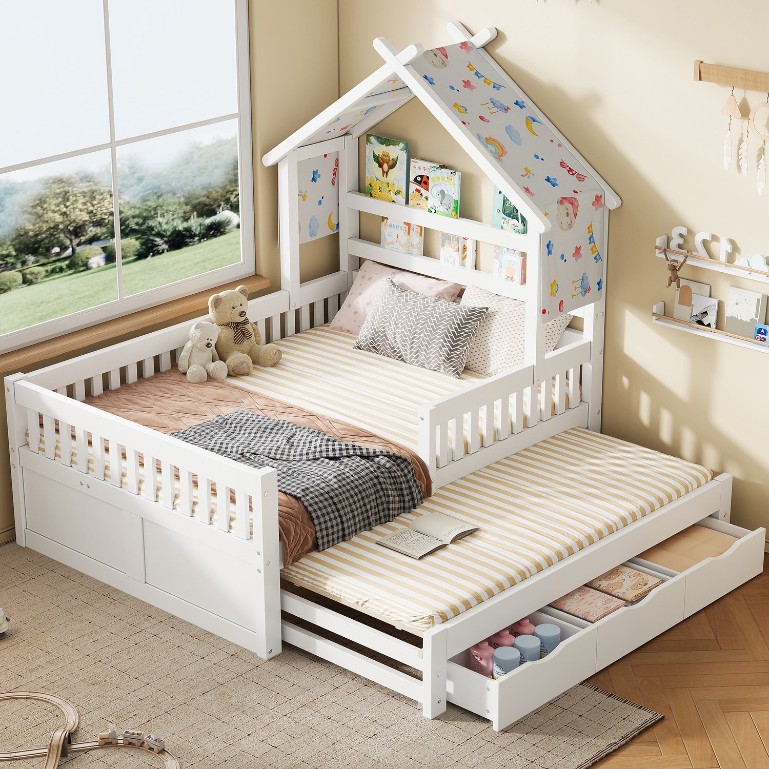 WUVRIE Huisbed 140x200 cm - Met uittrekbed, 3 lades en uitvalbeveiliging - Wit