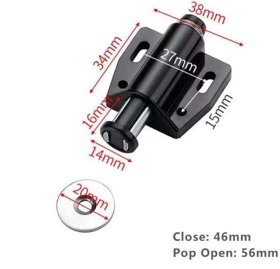 Zwarte druksnapper met afmetingen, een metalen plaatje en sluit- en open-afmetingen.