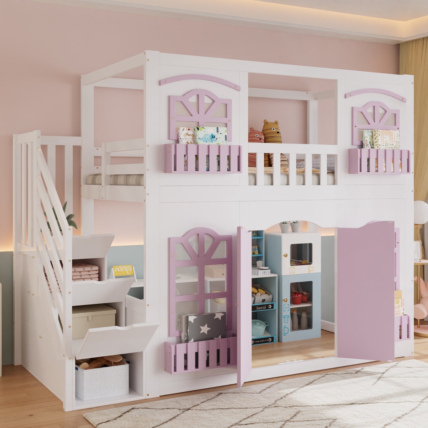 STILVORA Stapelbed 90x200 cm – Huisbed met Acrylramen – Opbergtrap en Speelruimte – Kinderkamer – Hout en MDF – Zonder Matras – Wit en Roze