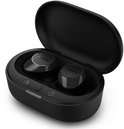 Zwarte Philips in-ear oordopjes geplaatst in een open oplaadcase.
