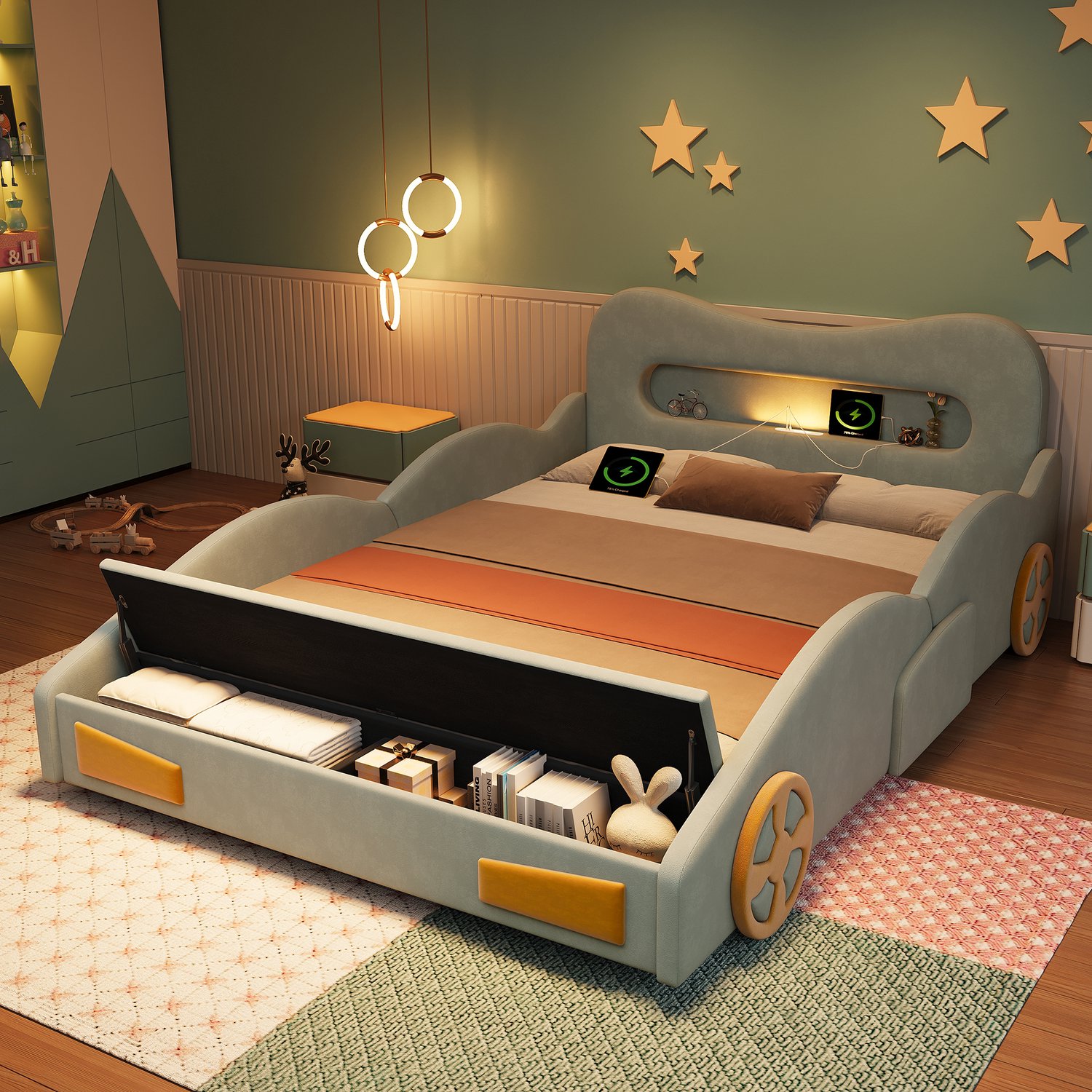 STILVORA Kinderbed 140x200 cm – Autobed met Leeslamp en Laadaansluiting – Opberglade aan het Voeteneind – Fluweel – Groen – Zonder Matras