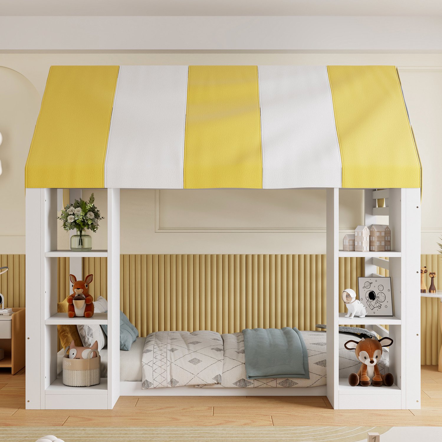 Wishdor Kinderbed 90x200 cm - Hemelbed met decoratieve hemel - Twee open opbergvakken voor boeken en speelgoed - Landelijke stijl - Voor slapen spelen en ontspannen - Hout MDF en metaal - Wit