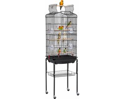 Papa Simba Vogelkooi met Standaard – Open Dak met Zitplaats – 4 Voerbakken – Verrijdbaar – Zwart – HMTM-10002-Black
