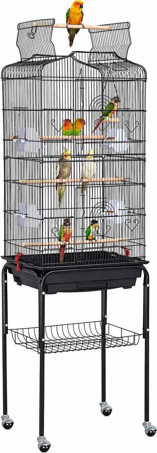 Papa Simba Vogelkooi met Standaard – Open Dak met Zitplaats – 4 Voerbakken – Verrijdbaar – Zwart – HMTM-10002-Black