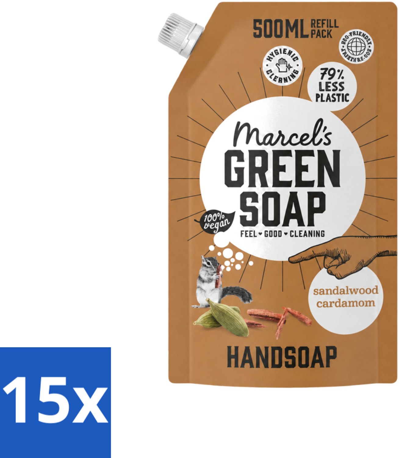 15 x Marcel’s Green Soap – Handzeep Navulling – Sandelhout & Kardemom – 500 ml - Voordeelverpakking - 15 stuks