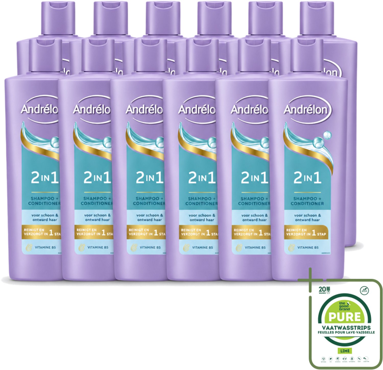 12 x Andrélon – Shampoo 2-in-1 – Iedere Dag – 400 ml - Grootverpakking - Vaatwasstrips - Haar Verzorgen - Haar Reinigen - Shampoo En Conditioner - Vitamine B5 - 2-in-1 Shampoo