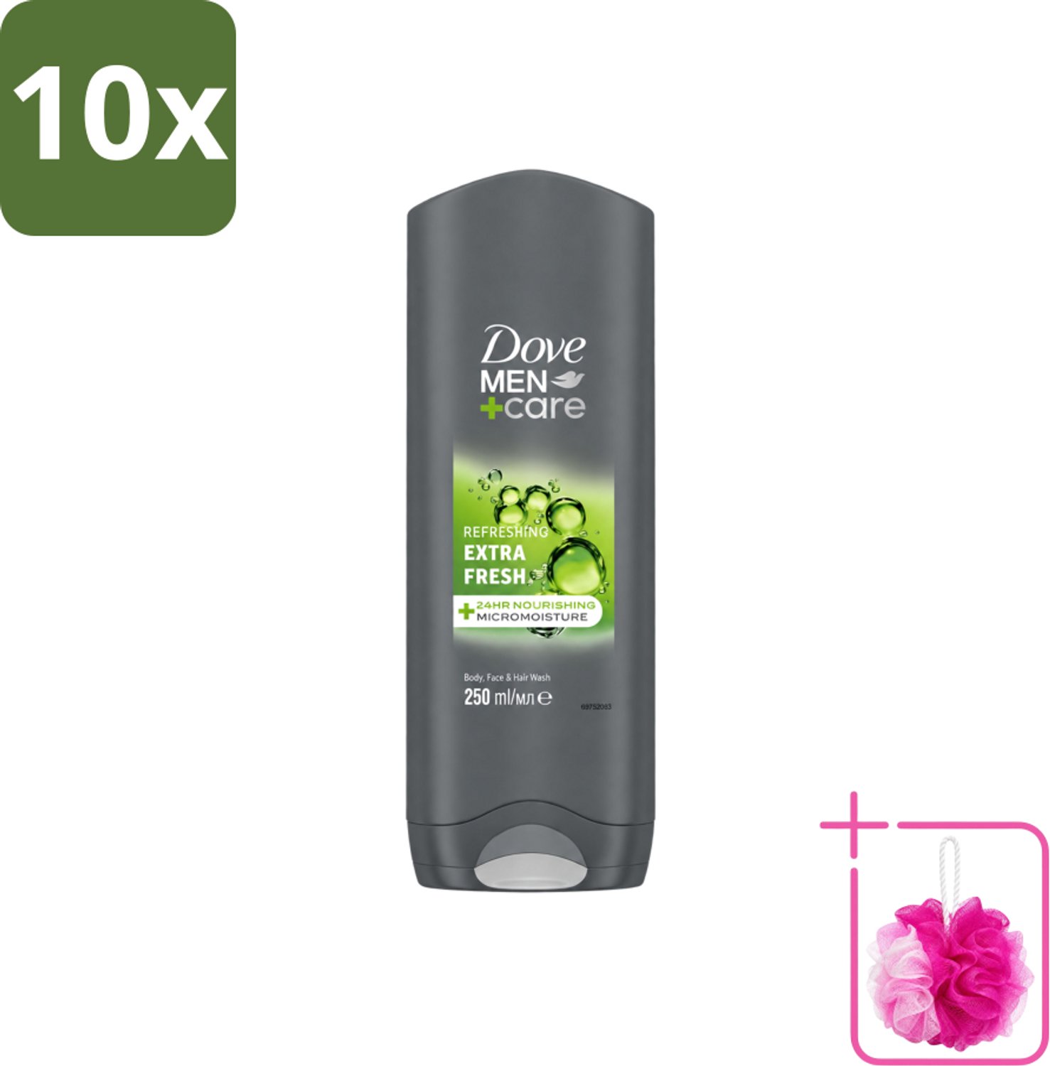 10 x Dove Men+Care Douchegel - Extra Fresh - 250 ml - Bulkverpakking - Douchegel voor mannen - Douchemop - Frisse geur