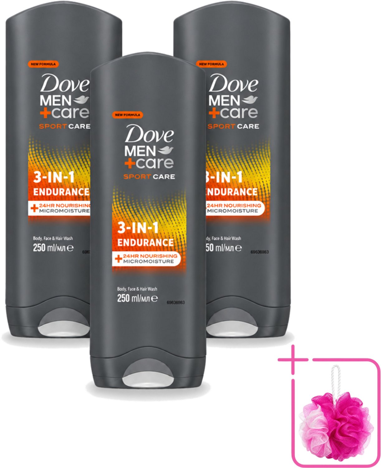 3 x Dove Men+Care 3-in-1 Douchegel - Sport - 250 ml - Bulkverpakking - Sportverzorging - Douchemop - Lichaamverzorging
