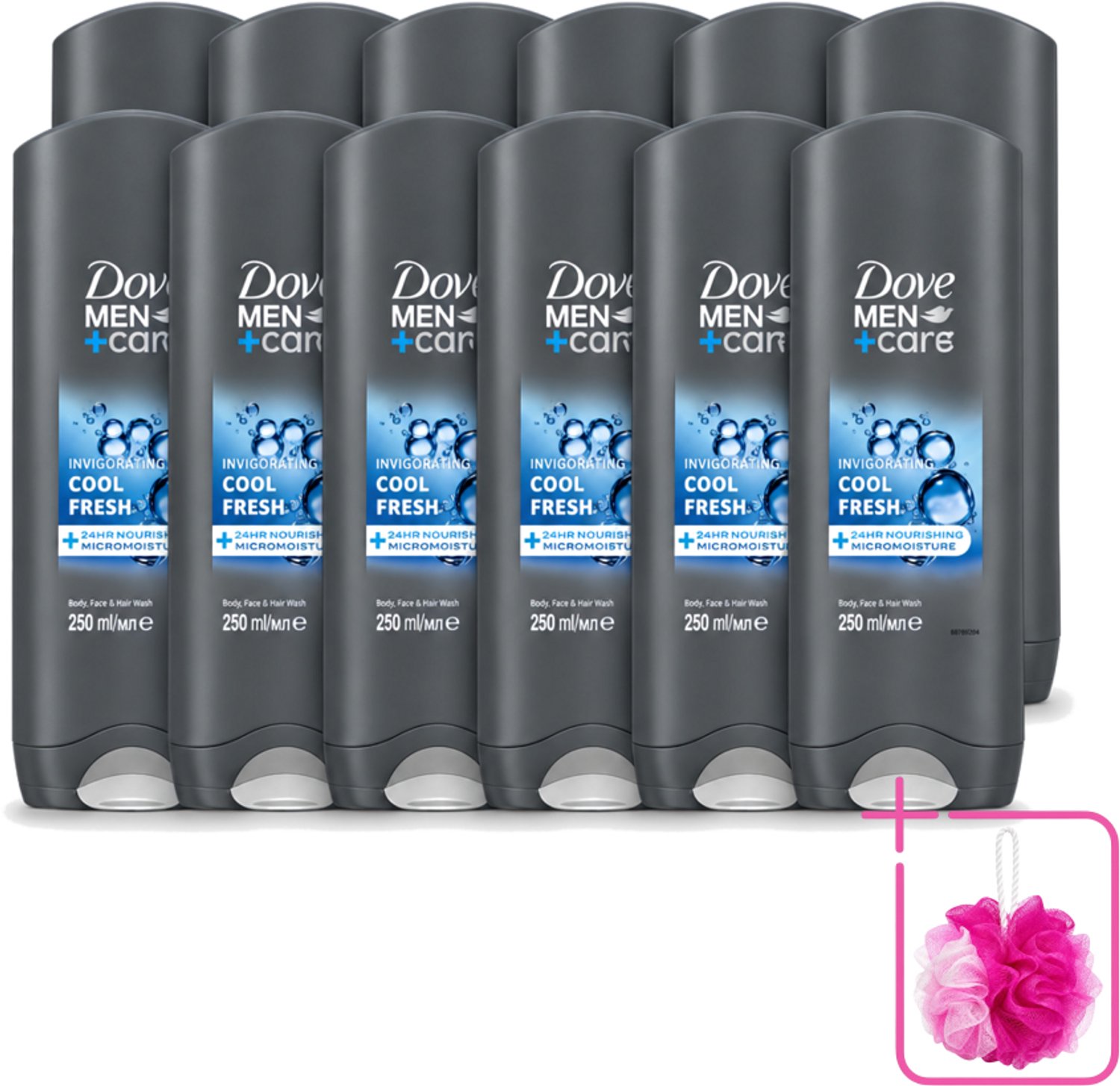 12 x Dove Men+Care Douchegel - Cool Fresh - 250 ml - Bulkverpakking - Douchegel voor mannen - Douchemop - Hydraterende douchegel