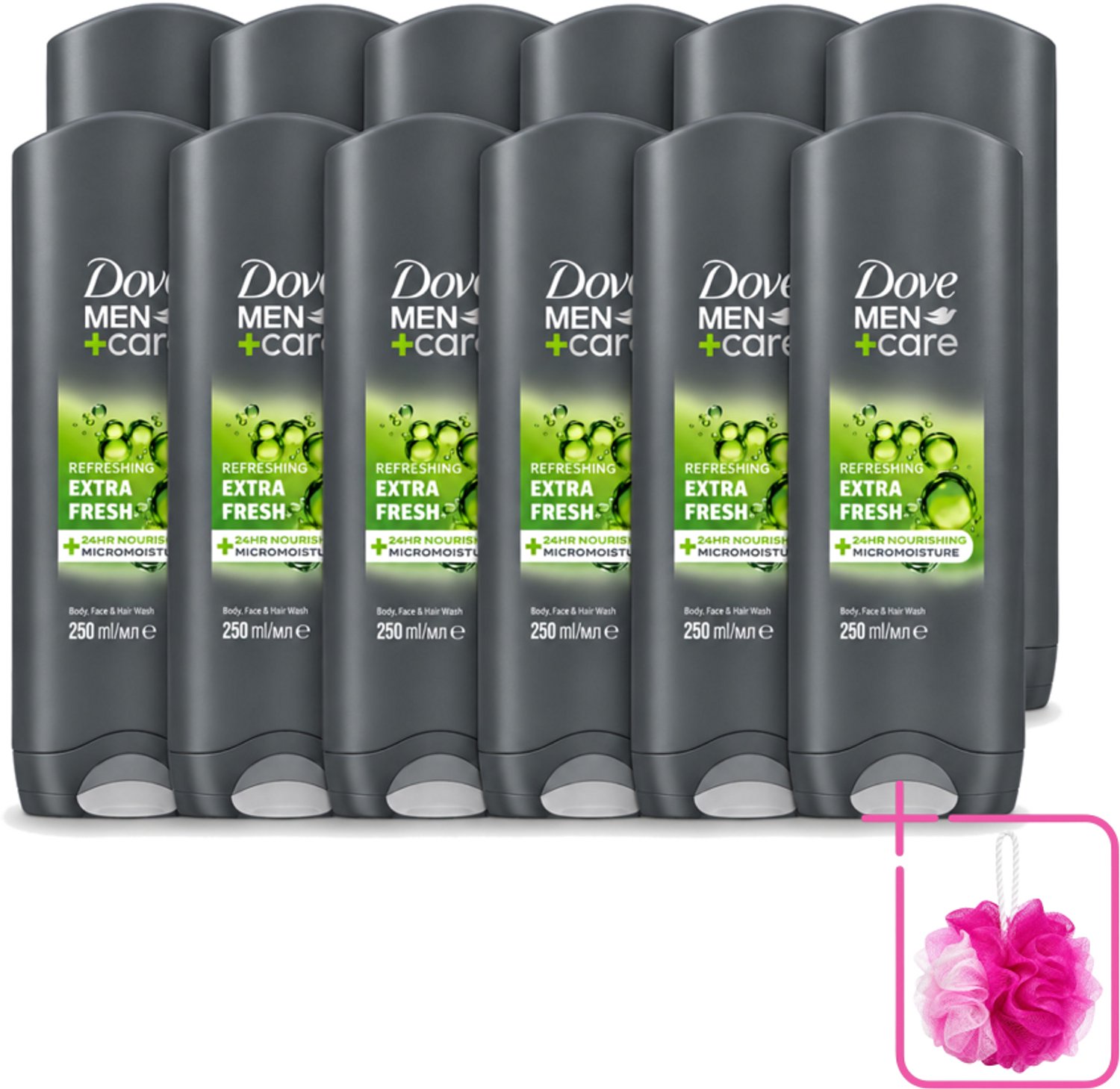 12 x Dove Men+Care Douchegel - Extra Fresh - 250 ml - Bulkverpakking - Douchegel voor mannen - Douchemop - Frisse geur