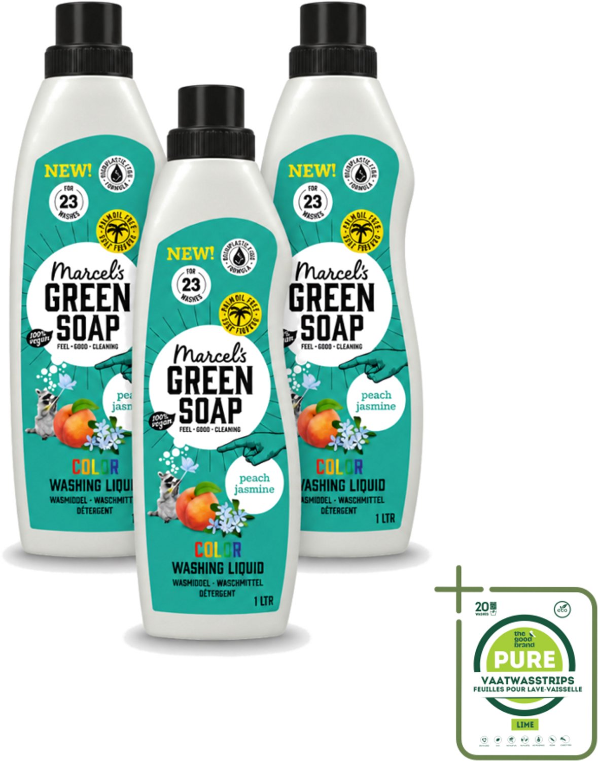 3 x Marcel's Green Soap - Vloeibaar Wasmiddel - Kleur - Perzik & Jasmijn - Effectief & natuurlijk - 23 Wasbeurten - 1 liter - Grootverpakking - Vaatwasstrips - Wasmiddel - Natuurlijk Wasmiddel - Kleur Behoud - Duurzaam Wasmiddel - Palmolie Vrij