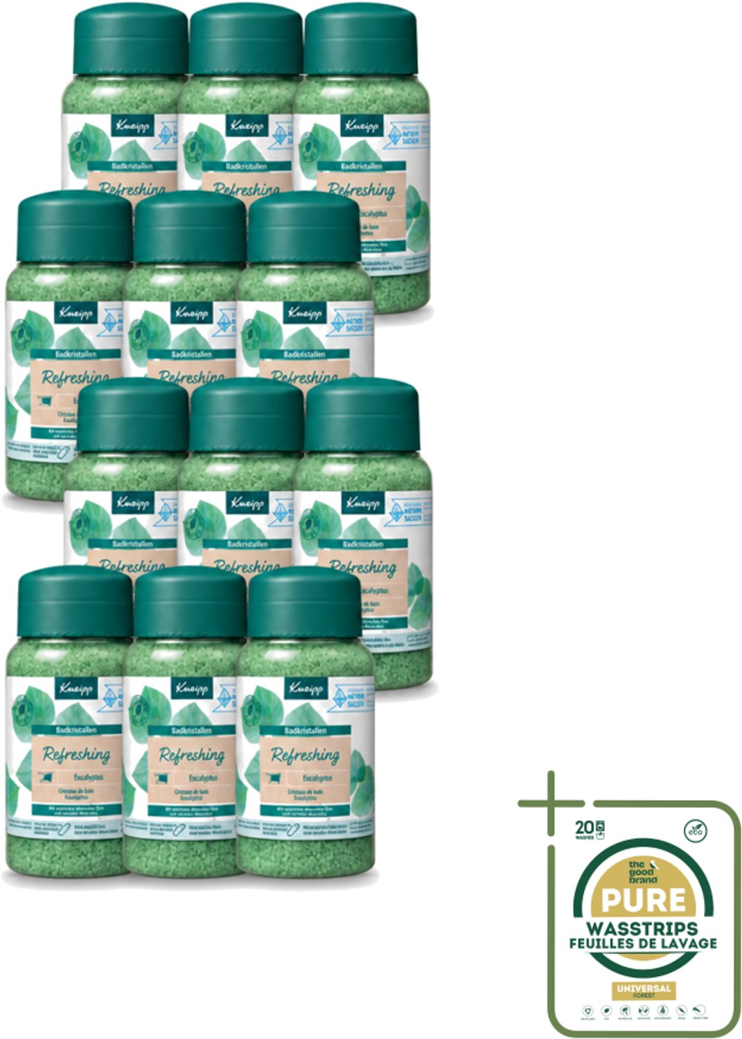 12 x Kneipp - Badzout - Badkristallen - Refreshing Eucalyptus - 600 g - Wasstrips - Badzout Mint Eucalyptus - Badkristallen - Eucalyptusolie - Thermaalzout - Verfrissend Bad