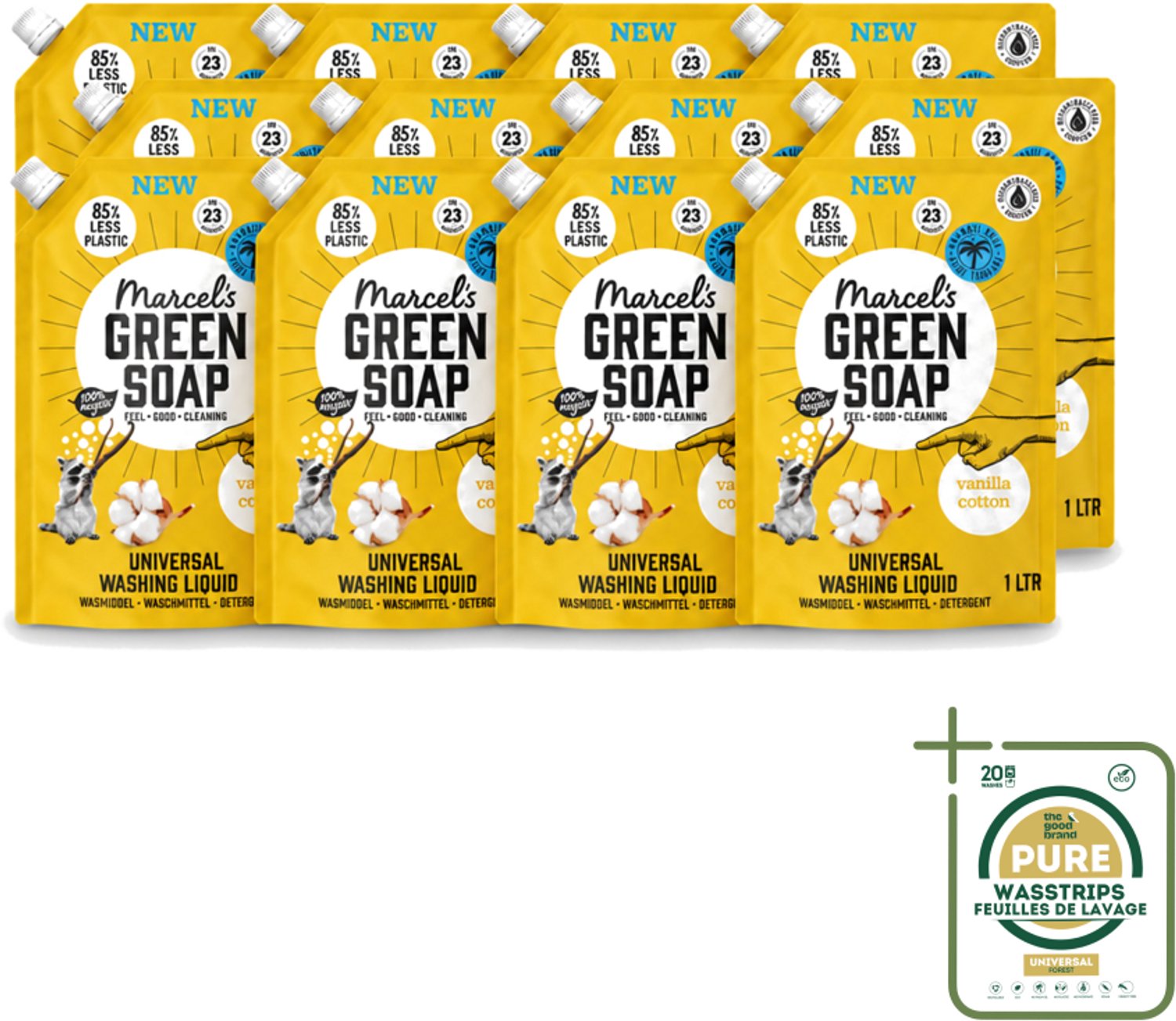 12 x Marcel's Green Soap - Vloeibaar Wasmiddel - Navulling - Vanille & Katoen - Effectief & natuurlijk - 23 Wasbeurten - 1 liter - Wasstrips - Wasmiddel - Natuurlijk Wasmiddel - Palmolievrij - Duurzaam Wasmiddel - Navul