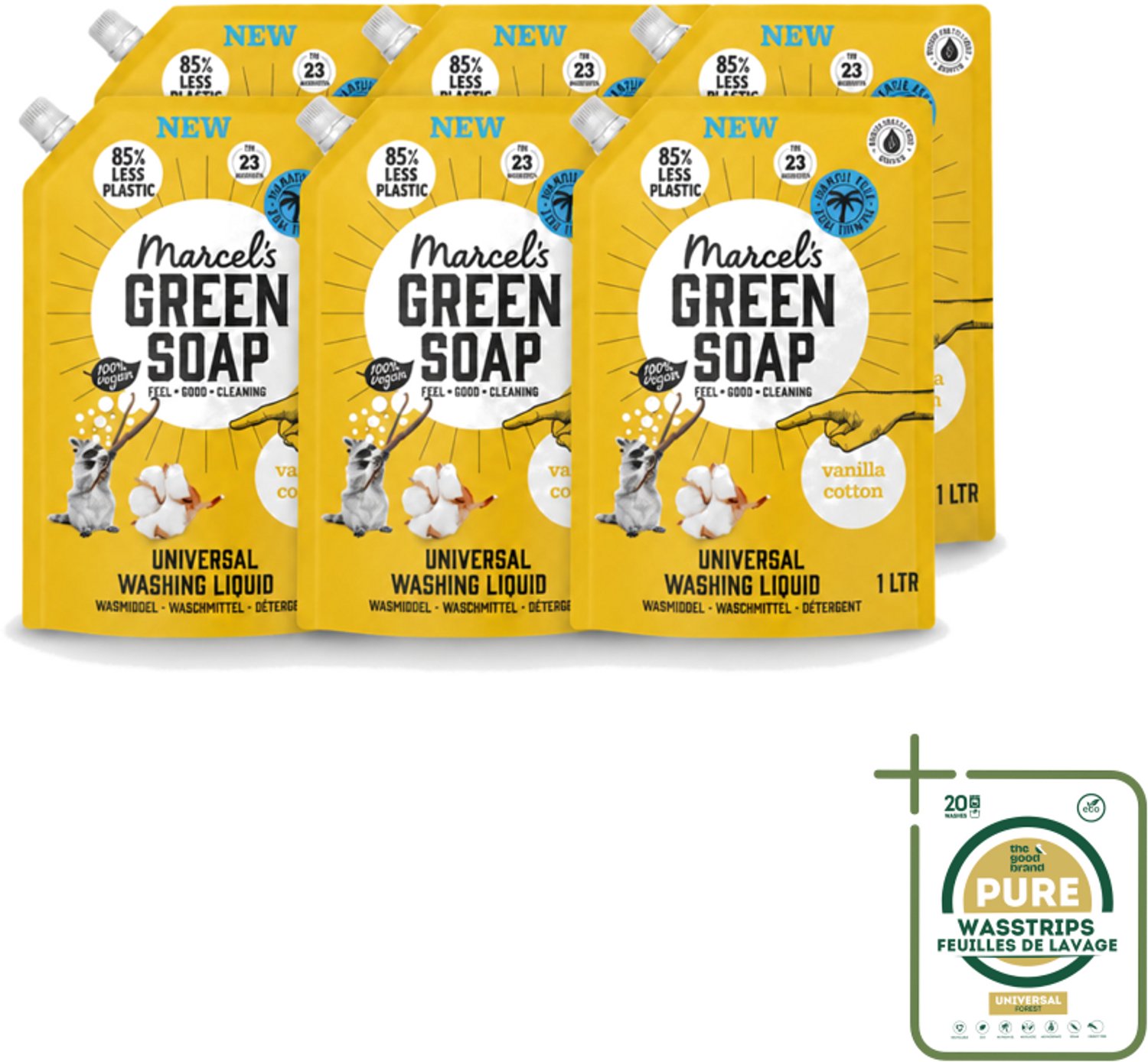 6 x Marcel's Green Soap - Vloeibaar Wasmiddel - Navulling - Vanille & Katoen - Effectief & natuurlijk - 23 Wasbeurten - 1 liter - Wasstrips - Wasmiddel - Natuurlijk Wasmiddel - Palmolievrij - Duurzaam Wasmiddel - Navul