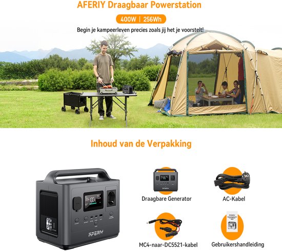Gezin op een camping bij een tent, met een man die kookt op een Aferiy draagbaar powerstation.