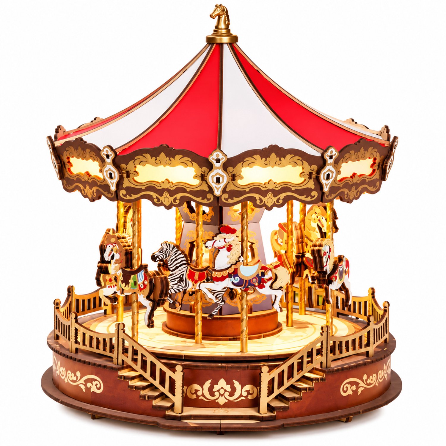Marqs 3D houten puzzel volwassenen - Muziekdoosje - Kerst cadeautjes - Knutselen - Creatief - 265 Onderdelen - Draaimolen - LED