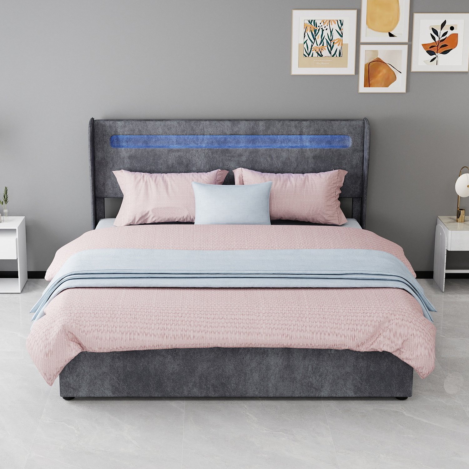 WUVRIE Gestoffeerd opbergbed 160x200 cm - LED-hoofdbord en gasveer - Grijs - Inclusief matras