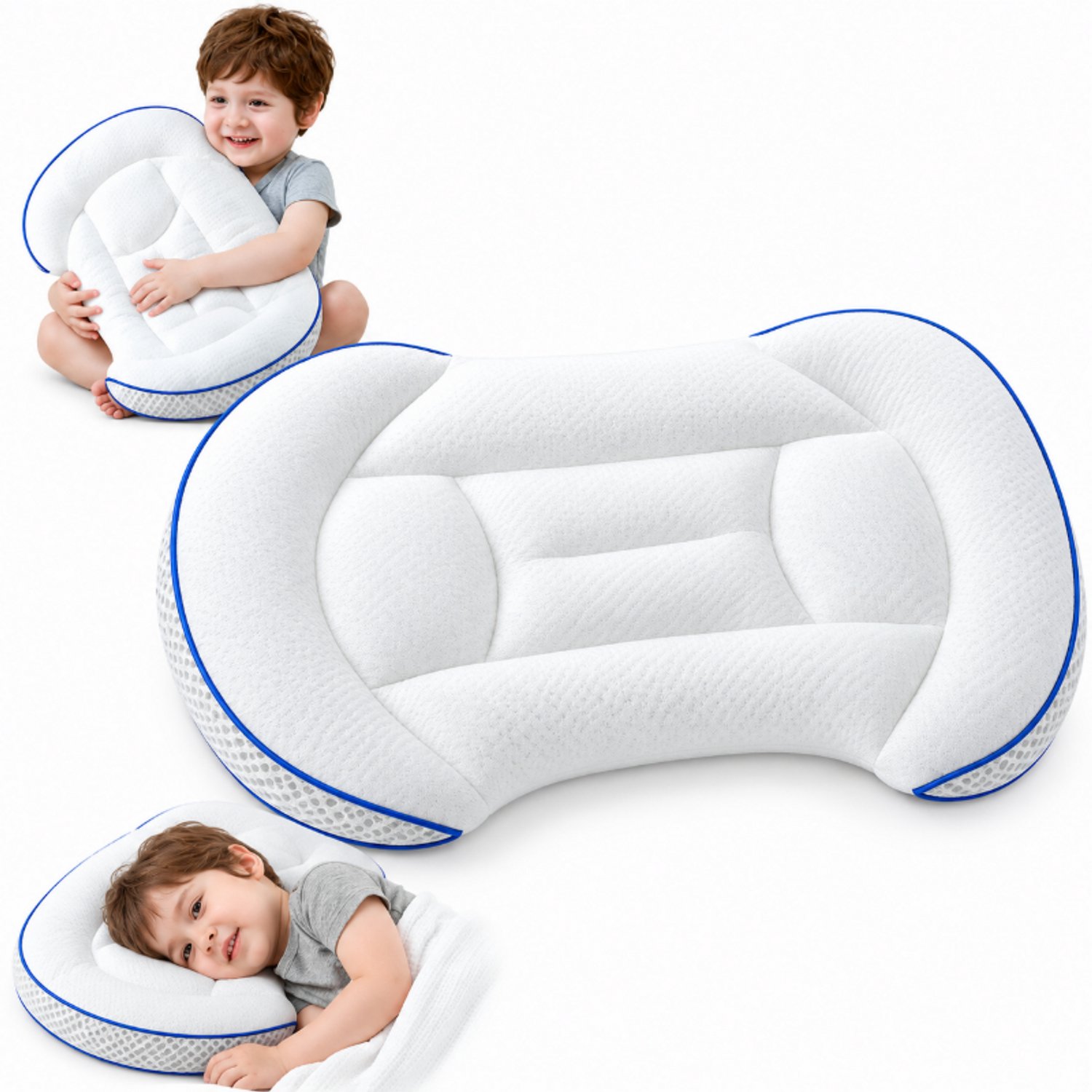 Bobypet Kinderkussen - Ergonomisch Kinderkussen met 15° Contouren en Traagschuim - Ademend Hoofdkussen voor Kinderen van 1 tot 3 Jaar - Wit - Kerstcadeau
