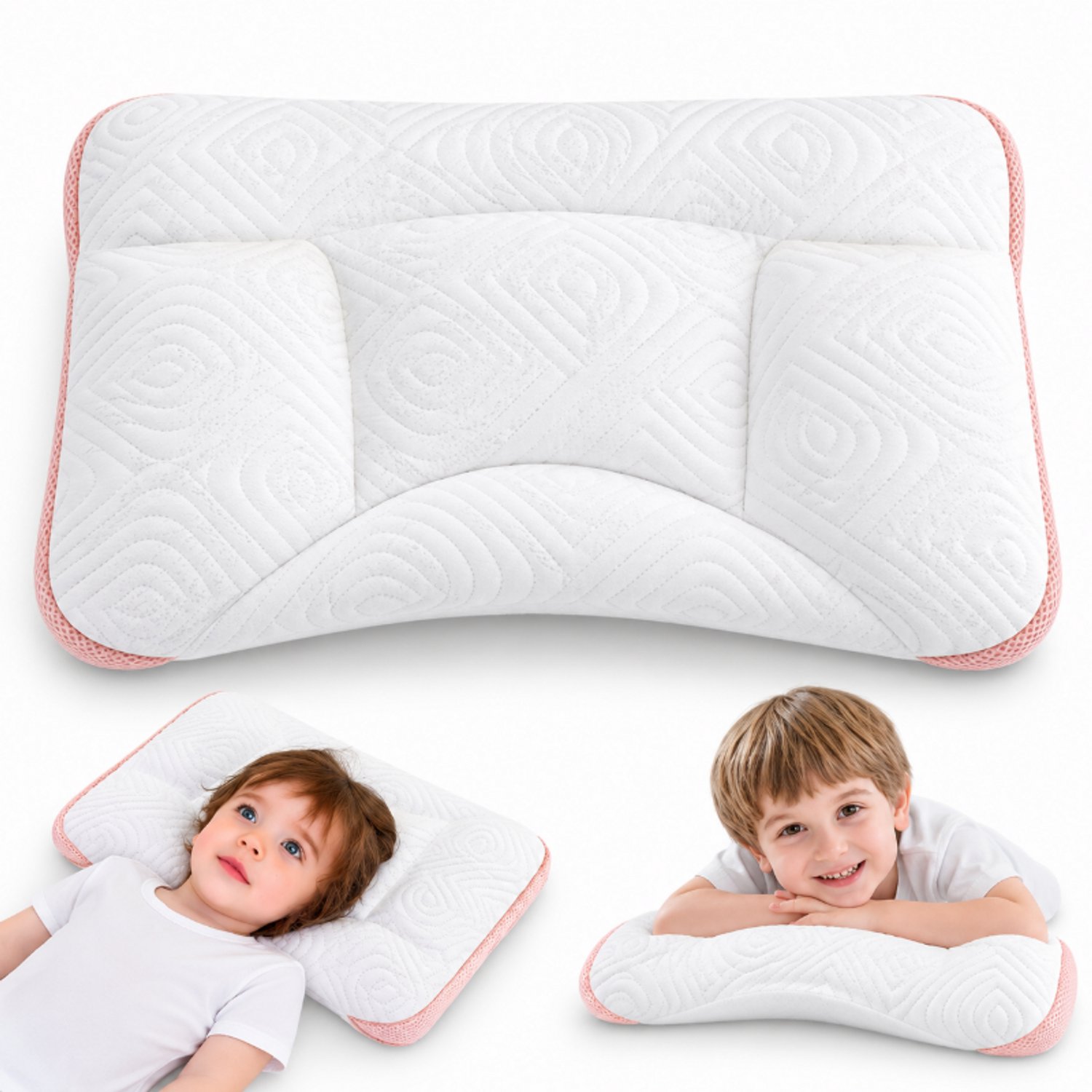 Bobypet Kinderkussen - Ademend Slaapkussen Kinderen 50x35x4cm - roze - Ergonomisch Kinderkussen voor Thuis en Reizen