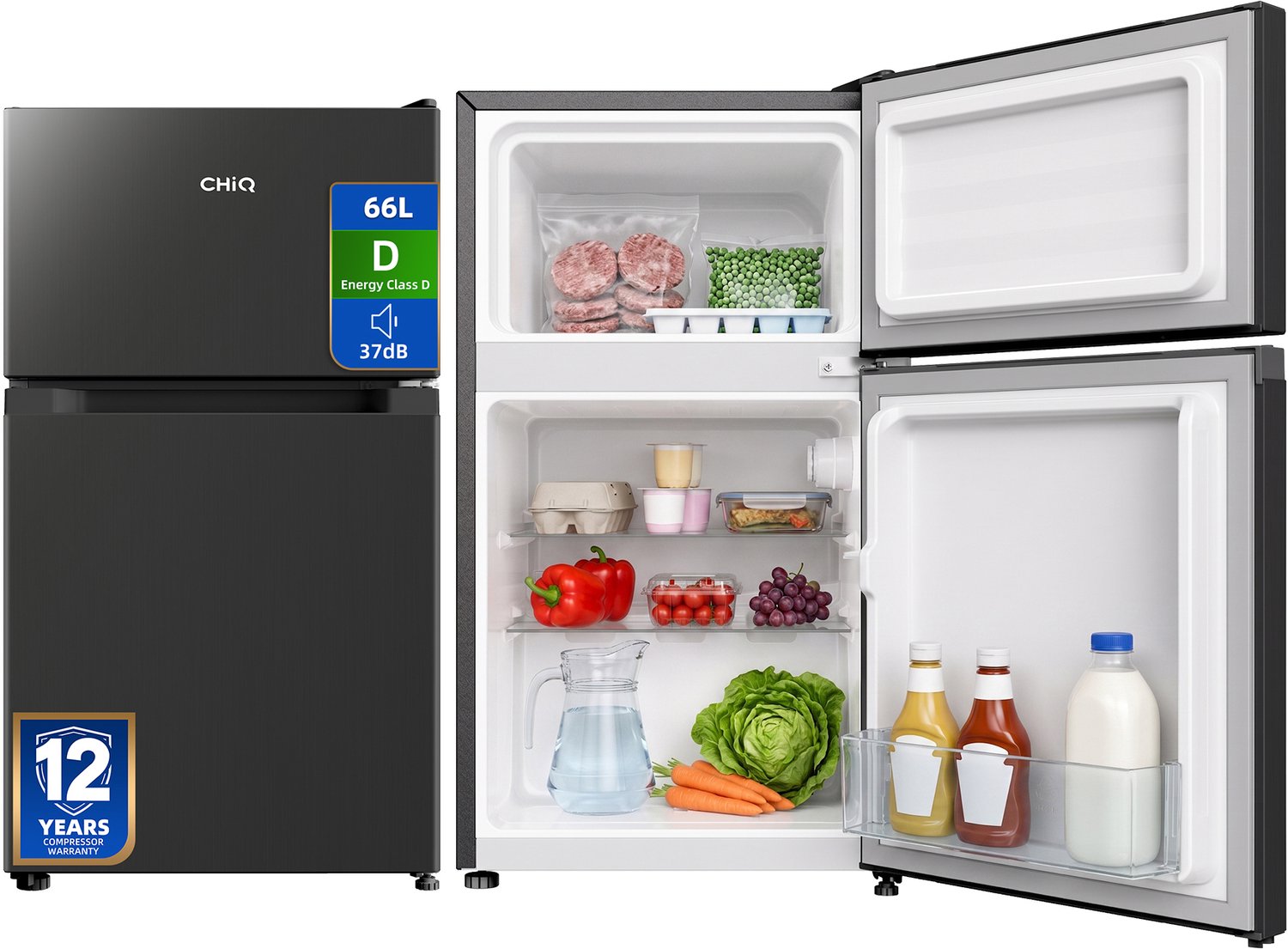 chiq CTM68LGD - Tafelmodel Koelkast Met Vriesvak - Totaal 66 Liter - Energielabel D - Stil: 37dB - Zwart - 12 jaar garantie op compressor - 2026 Nieuw