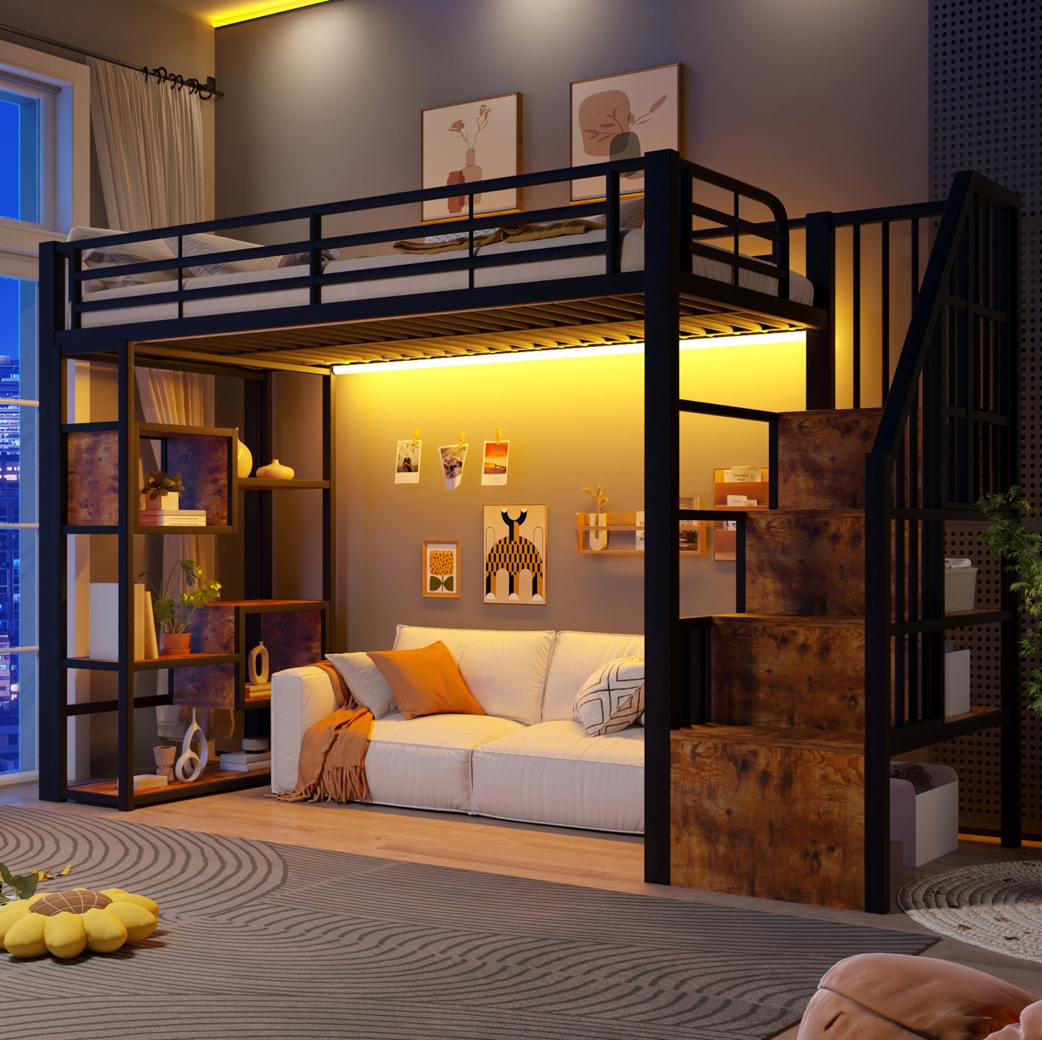 STILVORA Hoogslaper 90 x 200 cm – Met Ledverlichting – Opbergtreden en Open Vakken – Voor Kinderen – Metaal en MDF – Zonder Matras – Zwart